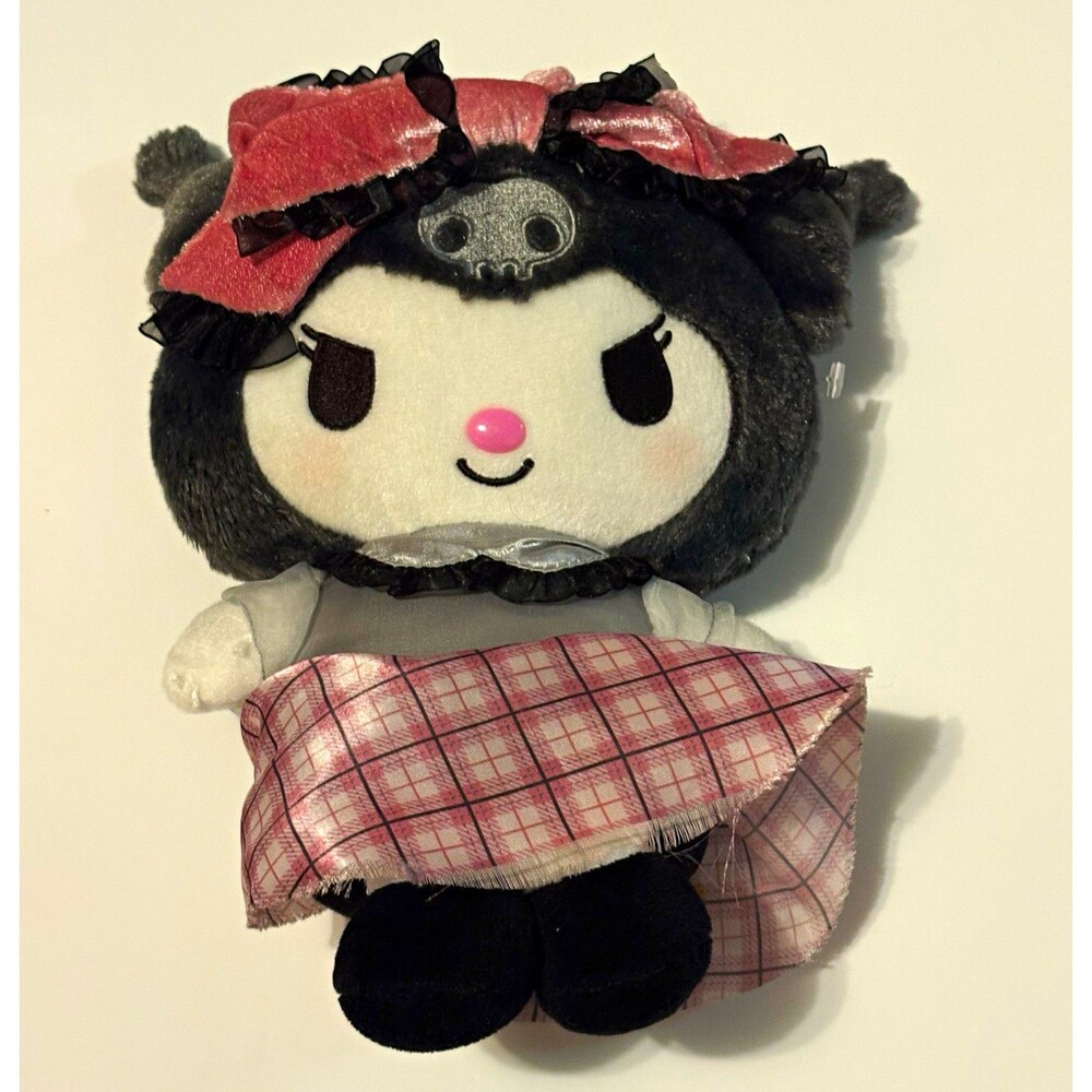 Sanrio Kuromi Plush Stuffed Animal w/ Clothes Pink Bow Plaid Skirt - Black